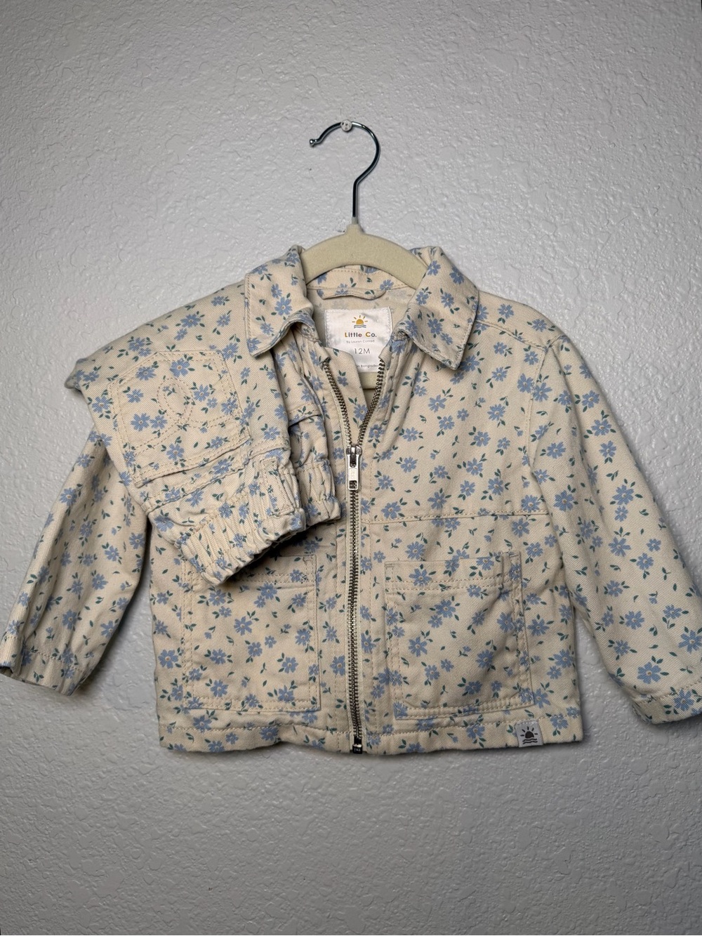 Little Co. // Cream Floral Utility jacket and barrel jeans, organic cotton 12M